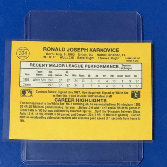 Ron Karkovice #334 1987 Donruss Baseball Trading Card - Picture 2 of 2